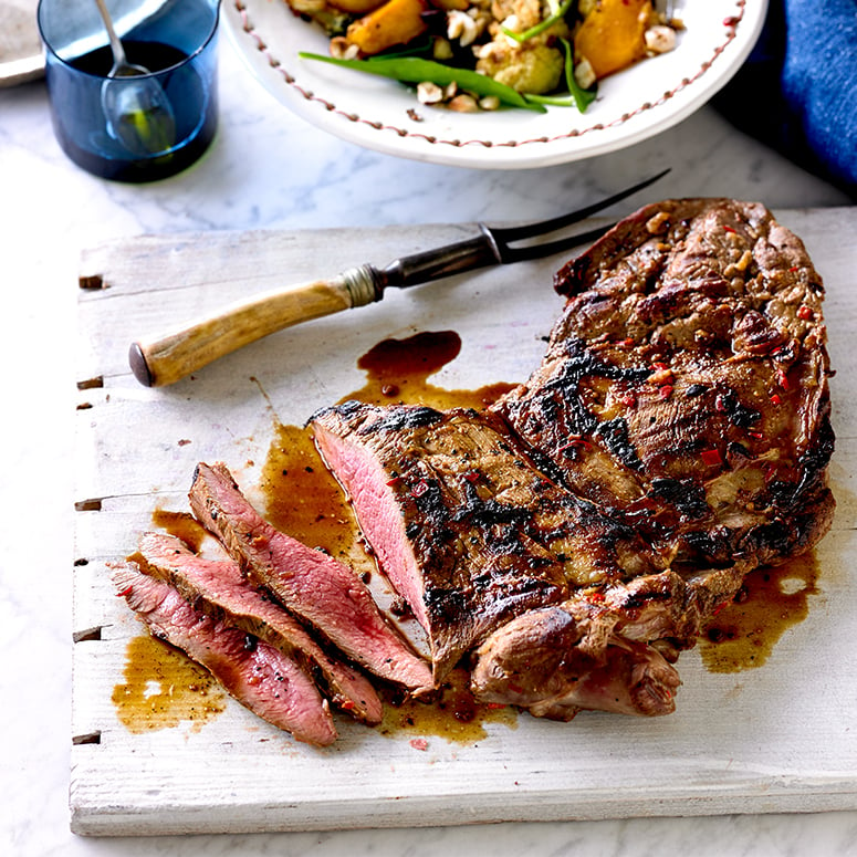 BBQ BUTTERFLIED AUSSIE LAMB WITH CHILI VEGETABLE SALAD